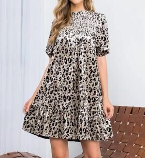 THML Velvet Leopard Print Dress Women's Small Puff Sleeve Tiered Babydoll